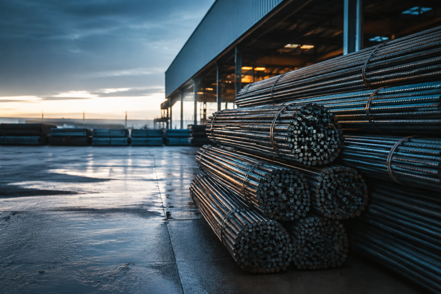 Reinforcing steel bars in an industrial yard